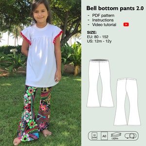 May include: A girl wearing a white shirt with red pom-poms on the sleeves and colorful bell bottom pants. The image also includes a line drawing of bell bottom pants in two different views. The text on the image reads "Bell bottom pants 2.0", "PDF pattern", "Instructions", "Video tutorial", "SIZE:", "EU: 80 - 152", "US: 12m - 12y", "A4 Letter", "A0", "Layers".