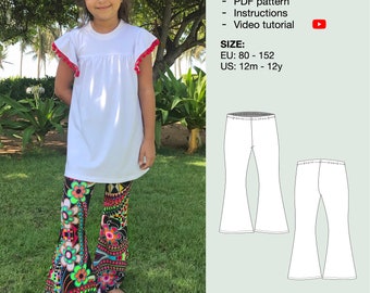 Puede incluir: Una niña lleva una camisa blanca con pompones rojos en las mangas y pantalones acampanados de colores. La imagen también incluye un dibujo de línea de pantalones acampanados en dos vistas diferentes. El texto en la imagen dice "Bell bottom pants 2.0", "PDF pattern", "Instructions", "Video tutorial", "SIZE:", "EU: 80 - 152", "US: 12m - 12y", "A4 Letter", "A0", "Layers".