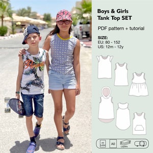 Könnte beinhalten: PDF-Schnittmuster für ein Tanktop-Set für Jungen und Mädchen. Das Schnittmuster umfasst die Größen EU 80-152 und US 12m-12y. Das Schnittmuster ist in den Größen A4 und A0 erhältlich.