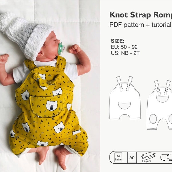 Knot strap romper, baby romper, overall, kids jumpsuit, children dungaree pattern, overalls pdf pattern, short overall, baby short romper