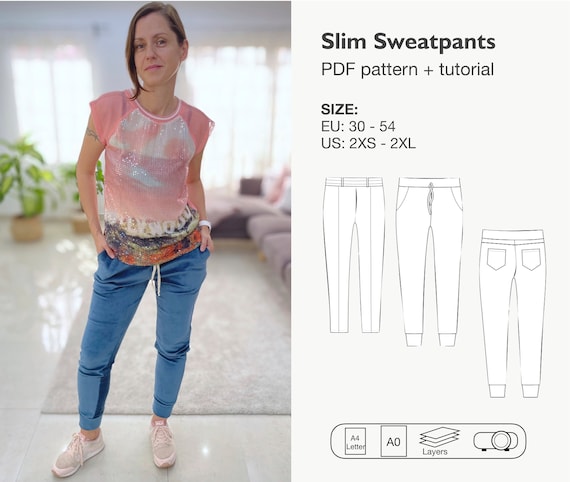 Women Slim Sweat Pants Sewing Pattern, Lounge Jogger Pants Pfd Pattern,  Knit Fabric Trousers, Pin Tuck Pants With Pockets, Instant Download 