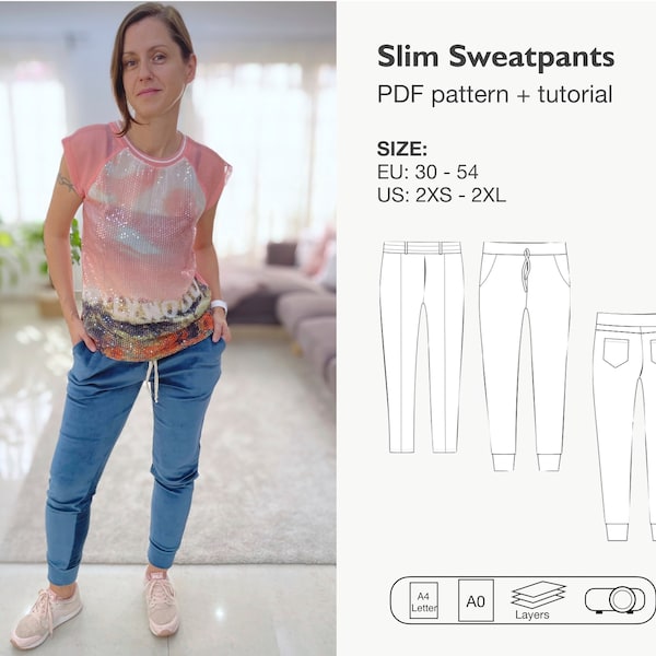 Women slim sweat pants sewing pattern, lounge jogger pants pfd pattern, knit fabric trousers, pin tuck pants with pockets, instant download