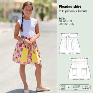 Patron de couture de jupe en papier, jupe pour fille, jupe plissée, jupe avec poches avant, jupe avec poches intérieures, jupe en papier pour bébé