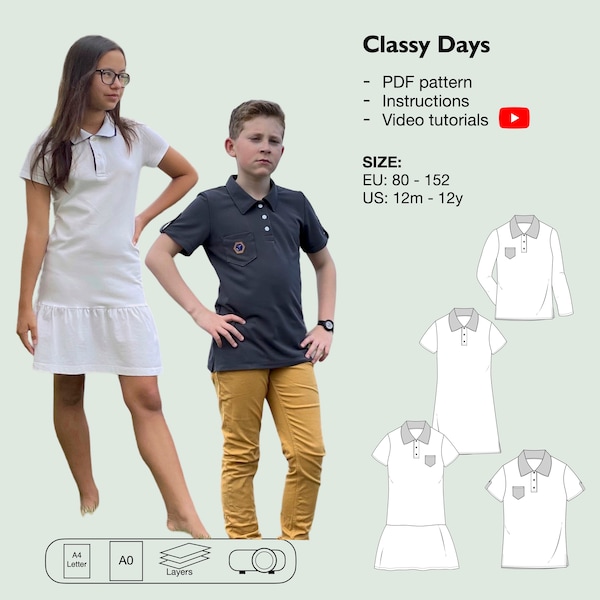 Boys and girls polo shirt sewing pattern, girls polo shirt dress, collar dress, ruffle skirt dress, shirt with bust pocket and sleeve straps