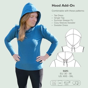 Hood Add-On sewing pattern, t-shirt dress with hood, hooded tee dress, universal hood pdf pattern, instant download, lounge wear with hood