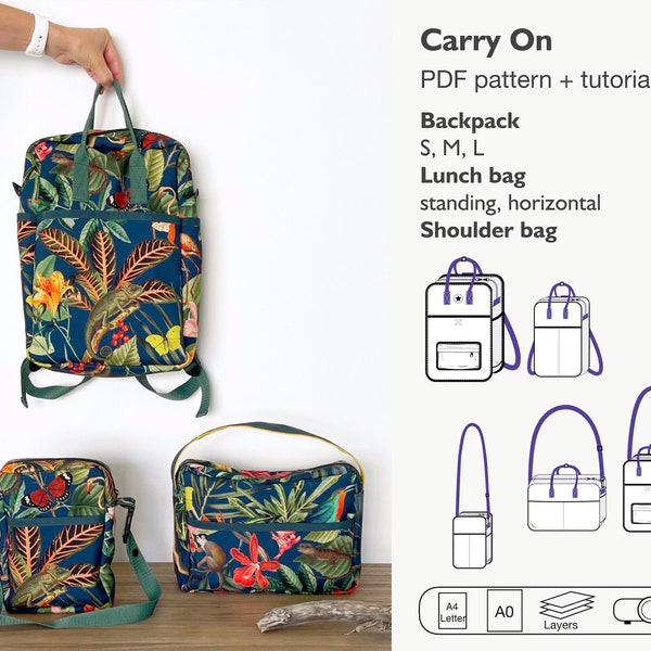 6 in 1 backpack pdf sewing pattern, lunch bag, shoulder bag, square bag, rectangle backpack, kanken inspired backpack, instant download