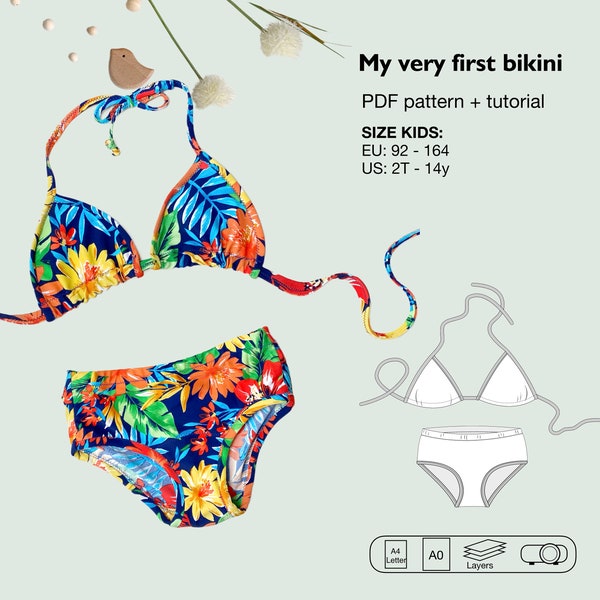 Girls Bikini pdf sewing pattern, girl swimsuit, bathing suit, 2 pieces swimwear, triangle top, easy bikini pattern, ivl as good as free