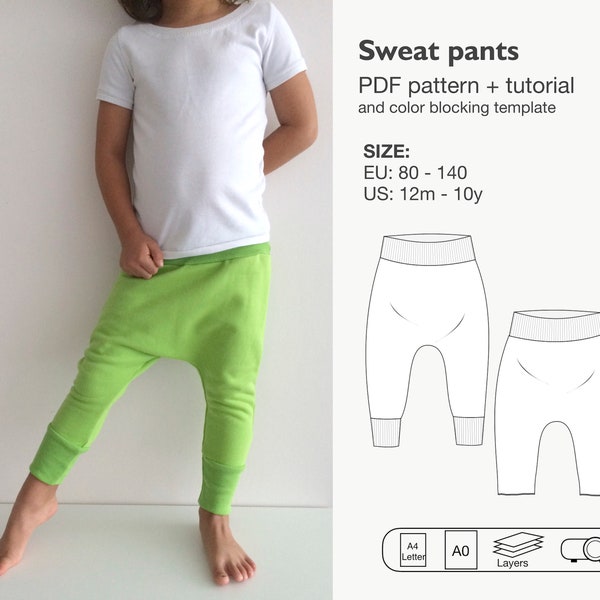 Garçons et filles pantalons de survêtement pdf patron de couture, joggers enfants, sarouel pour tout-petits, pantalons jambes maigres, sarouel jambe mince, téléchargement immédiat