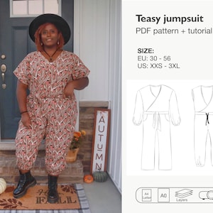 Women jumpsuit pdf sewing pattern, jumpsuit with long sleeves, women overall, bodysuit with pockets 7/8 length, woman romper, catsuit
