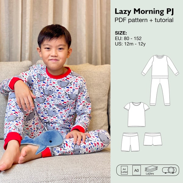 Kids pajama sewing pattern, children nightwear pattern, summer pajama, holiday night pajama, kids pj set, short sleeve pajama, children pj