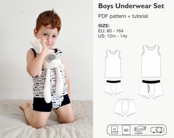 Boys underwear set pdf sewing pattern, boys vest and boxer, boys briefs, undies, underclothes, sleeveless t-shirt, underclothing, tank top