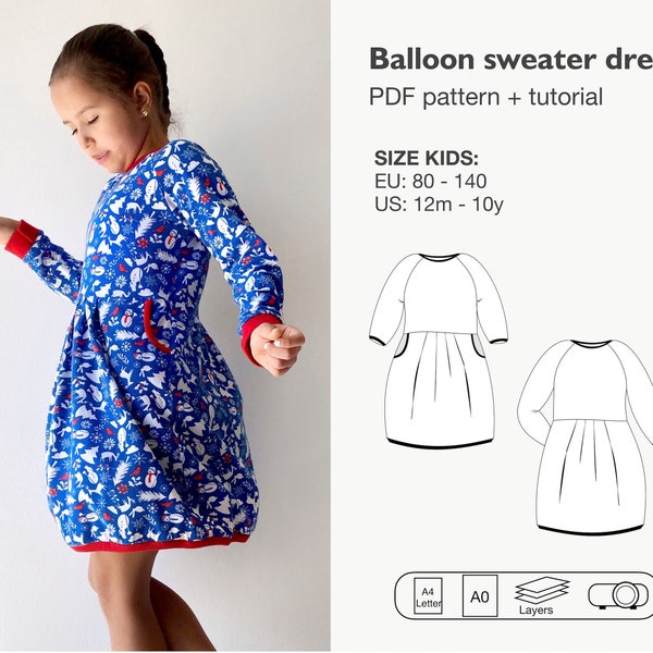 Long sleeve dress with pockets pattern, baby dress sewing pattern, girls dress pdf pattern, pleated dress sewing pattern, instant download