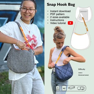 Könnte beinhalten: Zwei Frauen präsentieren Snap-Hook-Taschen. Eine ist schwarz-weiß kariert, die andere gesteppt in Marineblau. Die Taschen haben orangefarbene und gelbe Träger. Der Text im Bild lautet "Snap Hook Bag" und listet Funktionen auf.