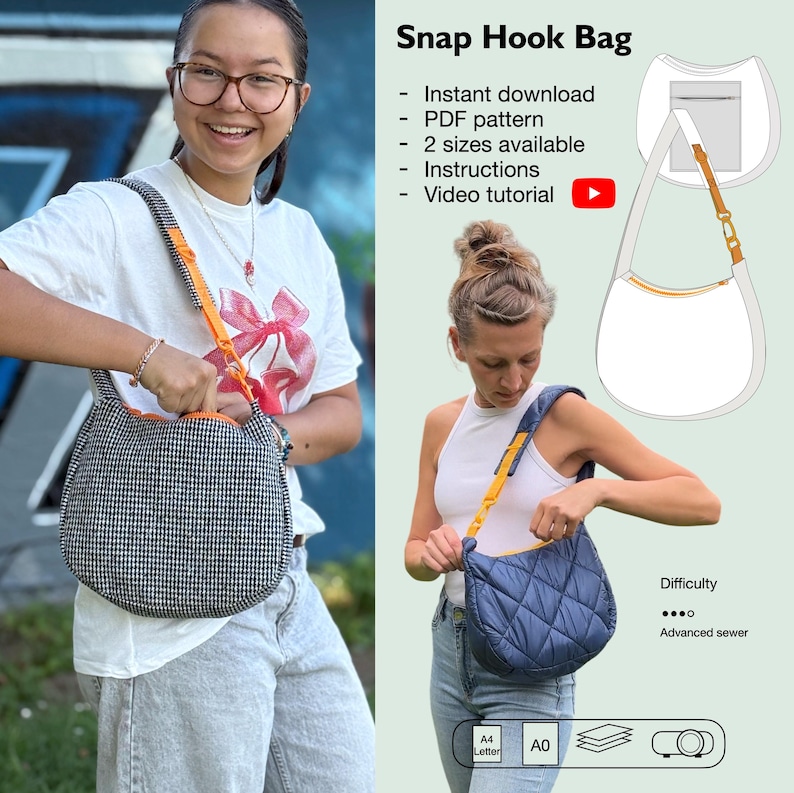 Puede incluir: Dos mujeres modelan bolsos con cierre de gancho. Uno es a cuadros blancos y negros, el otro acolchado en azul marino. Los bolsos tienen correas naranjas y amarillas. El texto de la imagen dice "Snap Hook Bag" y enumera caracter&iacute;sticas.