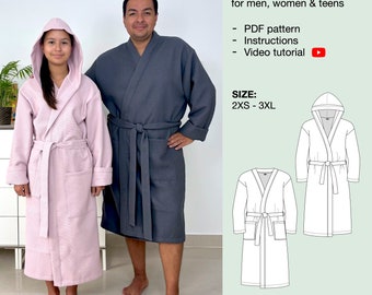 Men and women bathrobe pdf sewing pattern, hooded robe, kimono robe, housecoat, dressing grown, unisex robe, teen bathrobe, instant download