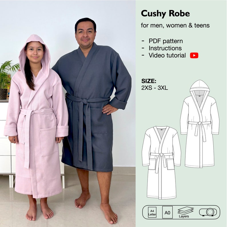Men and women bathrobe pdf sewing pattern, hooded robe, kimono robe, housecoat, dressing grown, unisex robe, teen bathrobe, instant download image 1