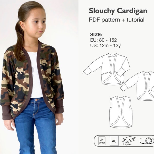 Modèle de couture pdf cardigan pour enfants, modèle de veste pour bébé, veste de sport, cardigan kimono, modèle pdf de manteau de sport pour enfants, téléchargement instantané