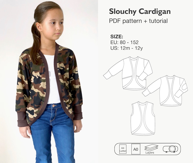 May include: A PDF sewing pattern for a slouchy cardigan for children. The pattern includes sizes EU 80-152, US 12m-12y. The pattern is available in A0 and A4 sizes and includes layers for printing.