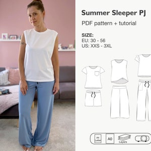 Women pajamas set sewing pattern, pajamas pants and shirt pdf pattern, women nightgown pattern, house lounge wear set, woman PJ set image 1