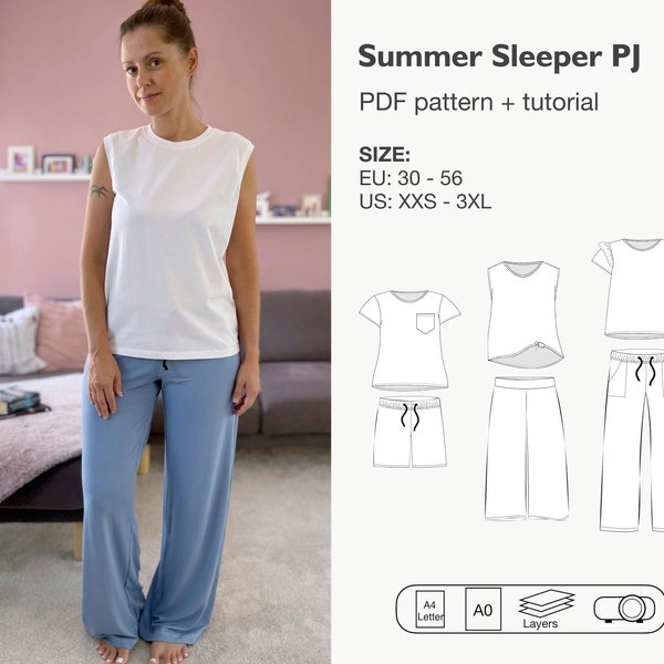 Women pajamas set sewing pattern, pajamas pants and shirt pdf pattern, women nightgown pattern, house lounge wear set, woman PJ set