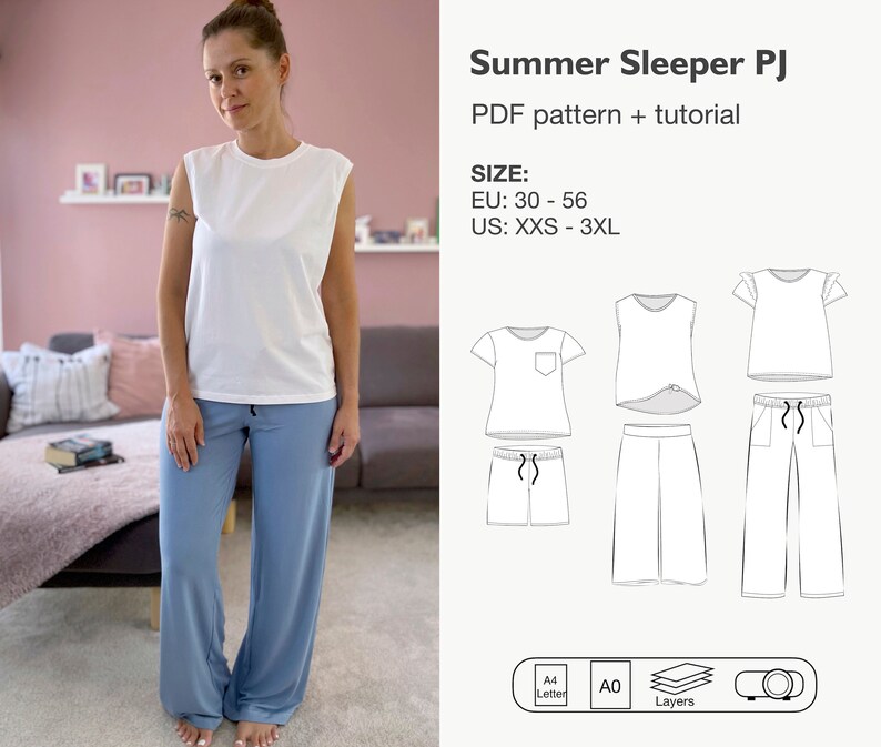 Women pajamas set sewing pattern, pajamas pants and shirt pdf pattern, women nightgown pattern, house lounge wear set, woman PJ set image 1