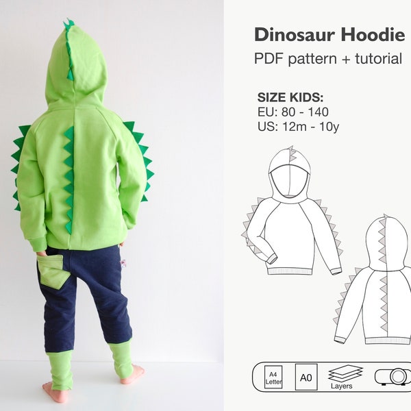 Dinosaur hoodie sewing pattern, kids jumper pdf pattern, girls and boys sweater, children sweatshirt sewing pattern, children hoodie