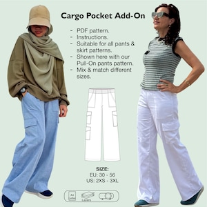 May include: A sewing pattern for cargo pockets, suitable for all pants and skirts. The pattern is shown on two pairs of pants, one light blue and one white. The pattern includes instructions and is available in sizes EU 30-56 and US 2XS-3XL.