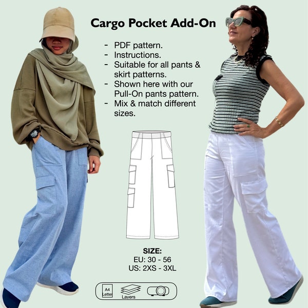 Cargo pocket Add-On sewing pattern, cargo pocket pants, instant download, cargo pocket skirt, pants with pockets, patch pocket pack