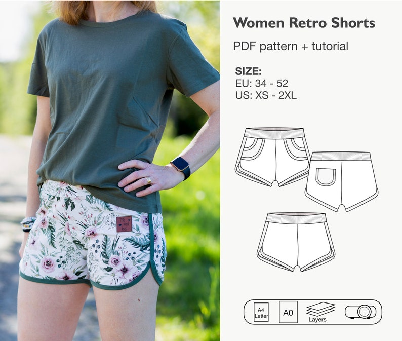 May include: A PDF sewing pattern for women's retro shorts. The pattern includes instructions for sizes EU 34-52 and US XS-2XL. The image shows a woman wearing a green t-shirt and floral shorts, along with a line drawing of the shorts.