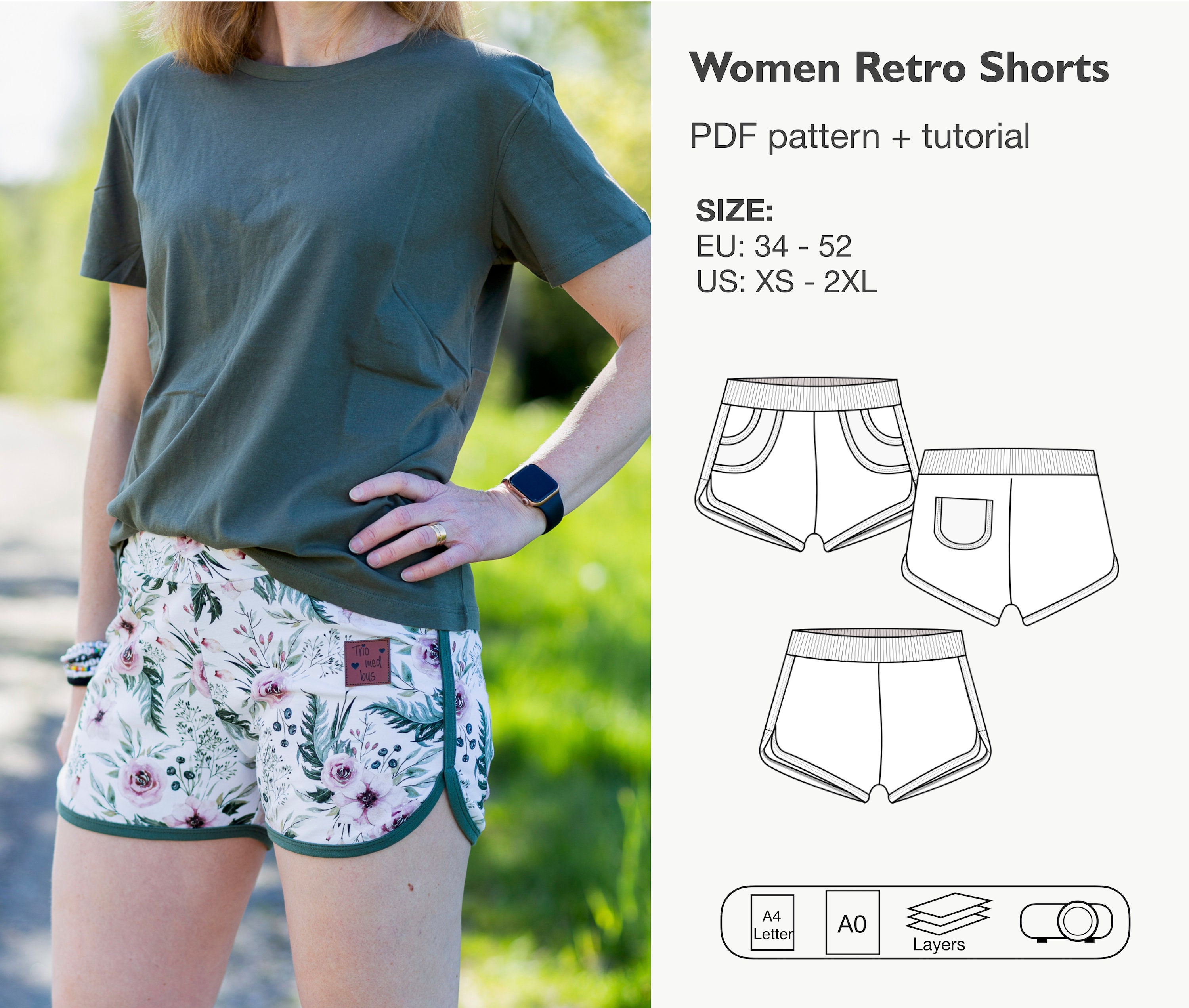 Women retro shorts sewing pattern