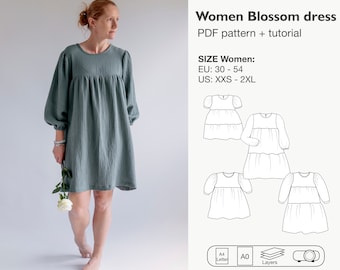 Women tiered dress sewing pattern, ruffle dress top tunic pdf pattern, long sleeve dress, hippie bohemian dress instant download pattern