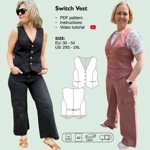 May include: A sewing pattern for a vest, with two models wearing the vest in different colors. The pattern includes instructions and a video tutorial. The vest is available in sizes EU 30-54 and US 2XS-2XL.
