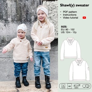 Boys and girls shawl neck sweater sewing pattern, boys collar sweatshirt, children sweater pdf pattern, shawl collar sweater, projector file