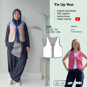 Op de afbeelding: Afbeelding van een patroon voor een vest met strik, met een bloemenmotief, en een vrouw die een vergelijkbaar vest draagt. De tekst geeft een directe download van het PDF-patroon met instructies en een video-tutorial aan. Maten van EU 32 tot 54.