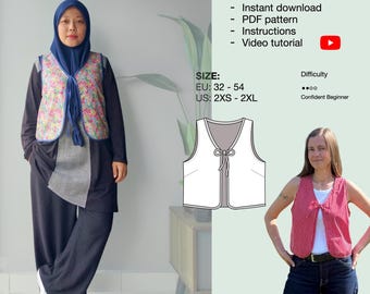 Puede incluir: Imagen de un patrón de chaleco con lazo con diseño floral, y una mujer que lleva un chaleco similar. El texto indica una descarga instantánea del patrón PDF con instrucciones y un video tutorial. Tallas de EU 32 a 54.