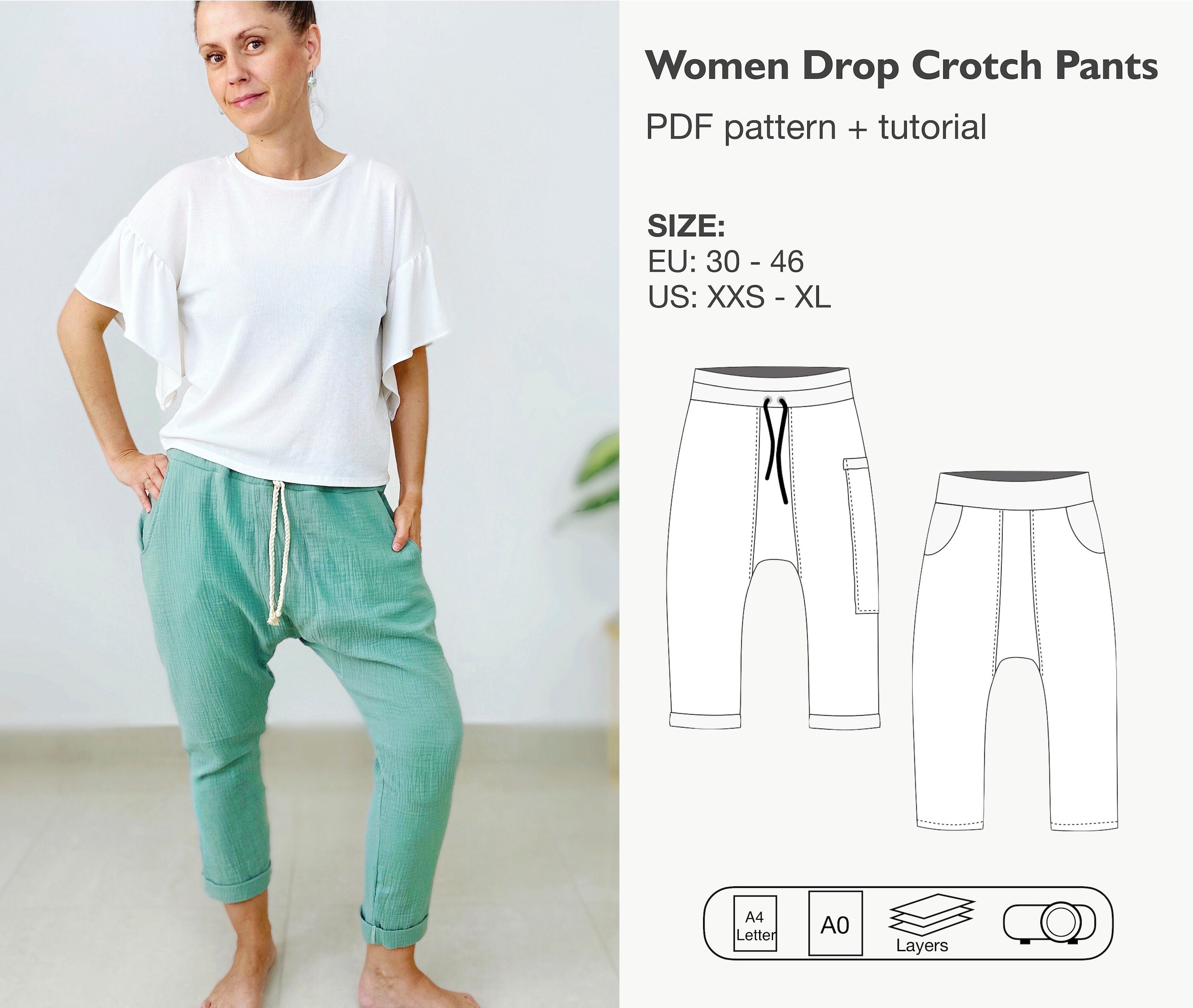 Women drop crotch pants sewing pattern