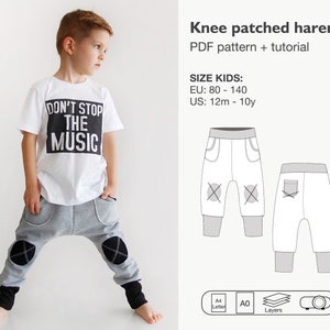 Boys harem pants pattern, children sweatpants, jogger pants pdf pattern, knee patch pants, deep crotch pants, kids trouser, instant download