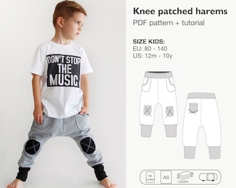 Patrón de pantalones de harén para niños, pantalones de chándal para niños, pantalones jogger patrón pdf, pantalones de parche de rodilla, pantalones de entrepierna profunda, pantalón para niños, descarga instantánea