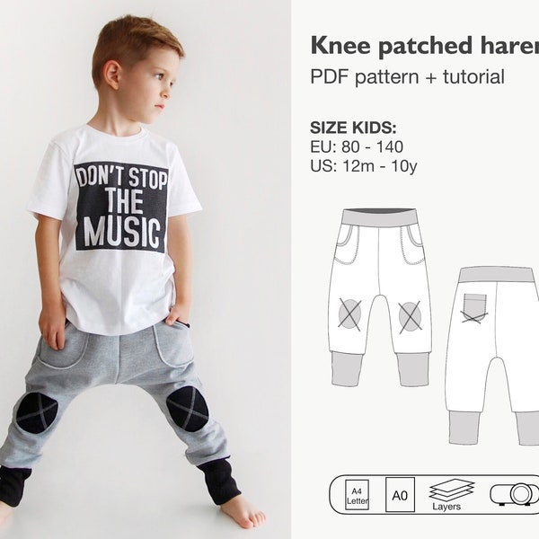 Pantalon harem pour garçons, pantalon de survêtement pour enfants, pantalon de jogging pdf motif, pantalon patch de genou, pantalon d’entrejambe profond, pantalon pour enfants, téléchargement instantané