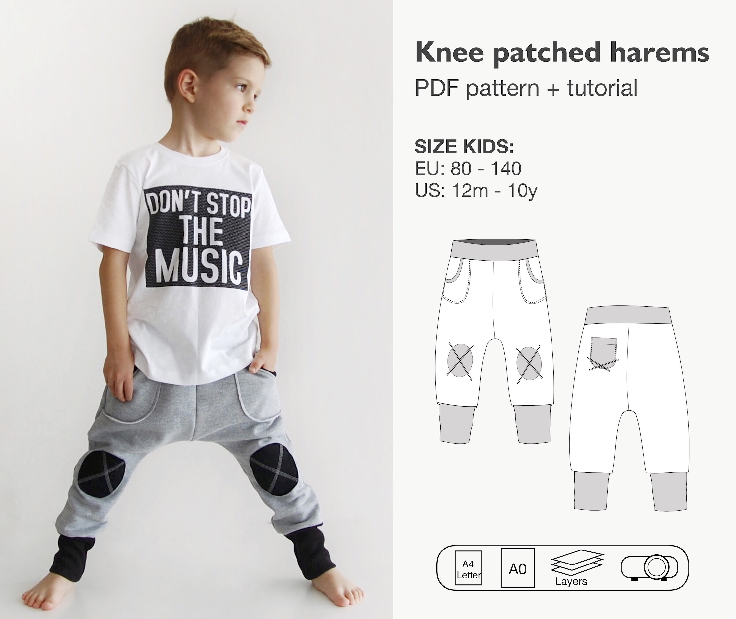 Patrón de pantalones de harén para niños, pantalones de chándal para niños,  pantalones jogger patrón pdf, pantalones de parche de rodilla, pantalones  de entrepierna profunda, pantalón para niños, descarga instantánea 