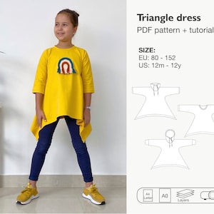 Girls triangle dress sewing pattern, flared hooded dress pdf pattern, long sleeve t-shirt dress, stand up collar dress, instant download