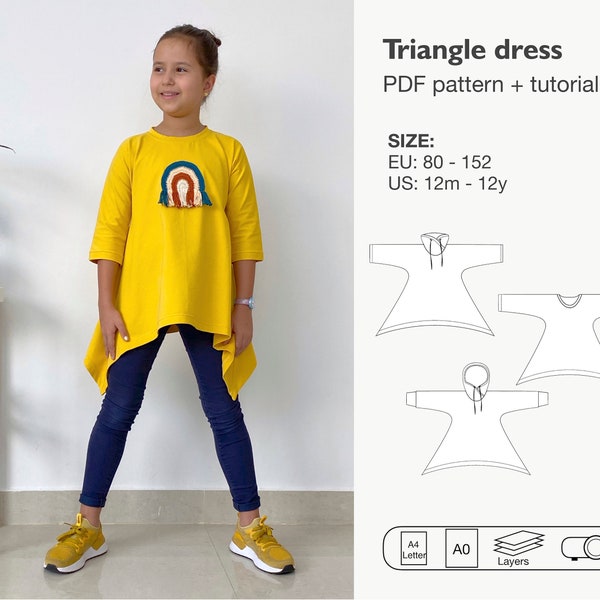 Robe triangle pour filles motif de couture, robe à capuche évasée motif pdf, robe t-shirt à manches longues, robe à col debout, téléchargement instantané