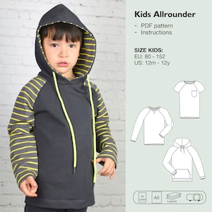 Könnte beinhalten: Ein grauer Kapuzenpullover mit gelben und grauen gestreiften Ärmeln. Der Pullover hat einen neon-grünen Kordelzug. Das Bild zeigt auch ein Schnittmuster für einen Kapuzenpullover, ein Langarmshirt und ein Kurzarm-Shirt. Der Text "Kids Allrounder" befindet sich oben im Bild. Der Text "PDF pattern" und "Instructions" befindet sich unter dem Titel. Der Text "SIZE KIDS" wird gefolgt von "EU: 80 - 152" und "US: 12m - 12y".