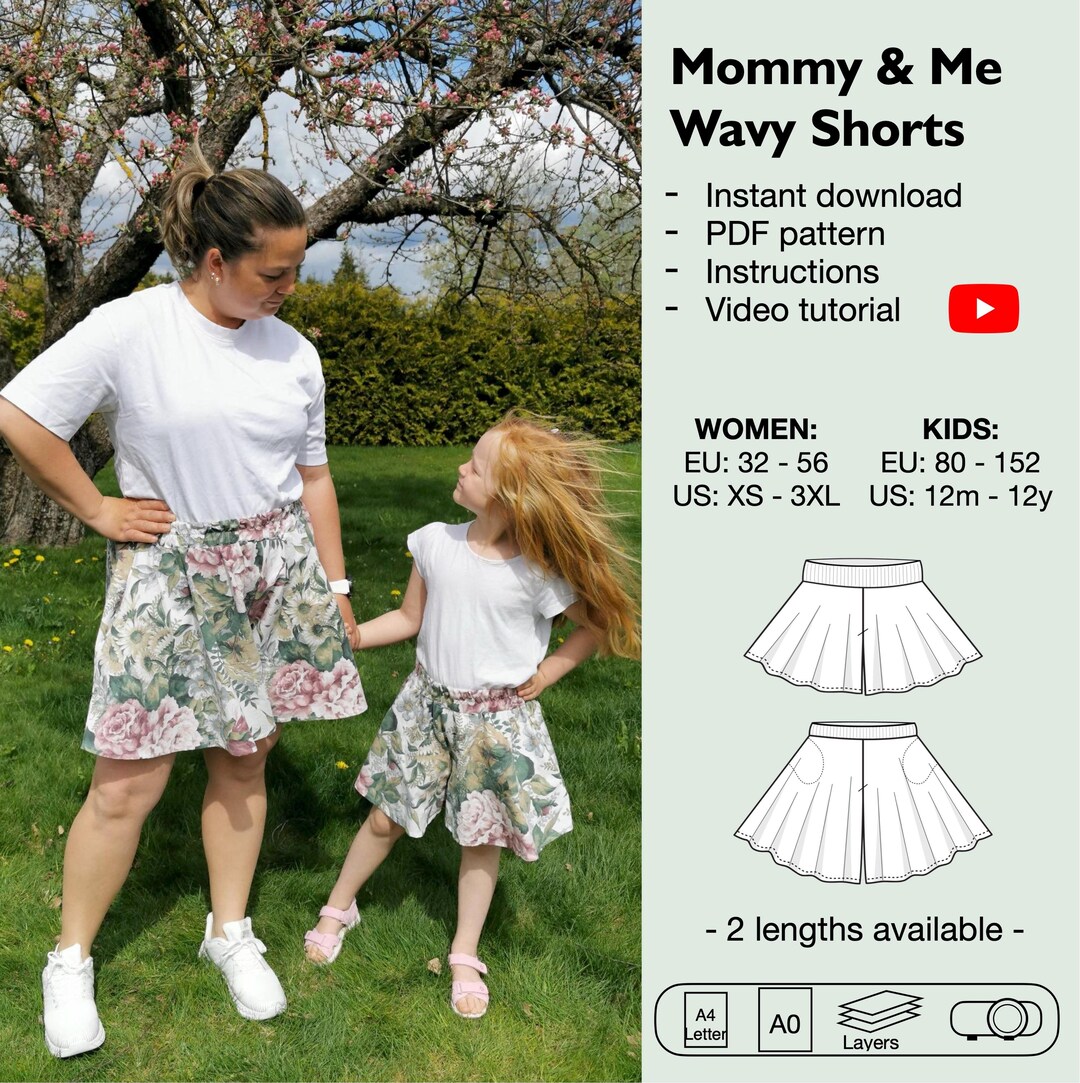 Modello di cucito per gonna-pantalone mamma e figlia, mini-culotte