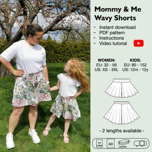 Mommy and daughter skort sewing pattern, mini culotte, divided skirt, trouser skirt, skirt like shorts, circle shorts, wide legged shorts