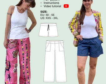 Patrón pdf de pantalones de piernas anchas para mujer, pantalones con bolsillos para principiantes, pantalones cortos fáciles, pantalones PJ, pantalones de tirar, pantalones de verano de lino