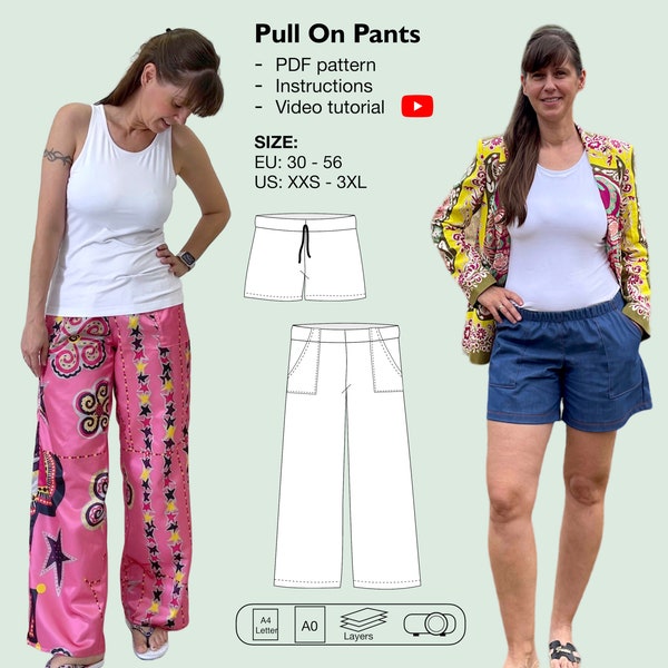 Patrón pdf de pantalones de piernas anchas para mujer, pantalones con bolsillos para principiantes, pantalones cortos fáciles, pantalones PJ, pantalones de tirar, pantalones de verano de lino