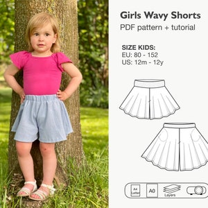 Girls skort sewing pattern, mini culotte, divided skirt, trouser skirt, pantskirt, skirt-like shorts, circle shorts, wide legged shorts