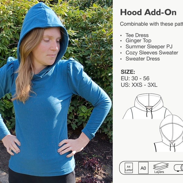 Hood Add-On sewing pattern, t-shirt dress with hood, hooded tee dress, universal hood pdf pattern, instant download, lounge wear with hood