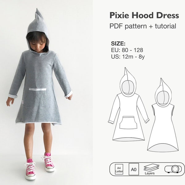 Girls hood dress pattern, pixie hood dress, hoodie dress with kangaroo pocket, baby beach dress, sleeveless dress, tunic, instant download